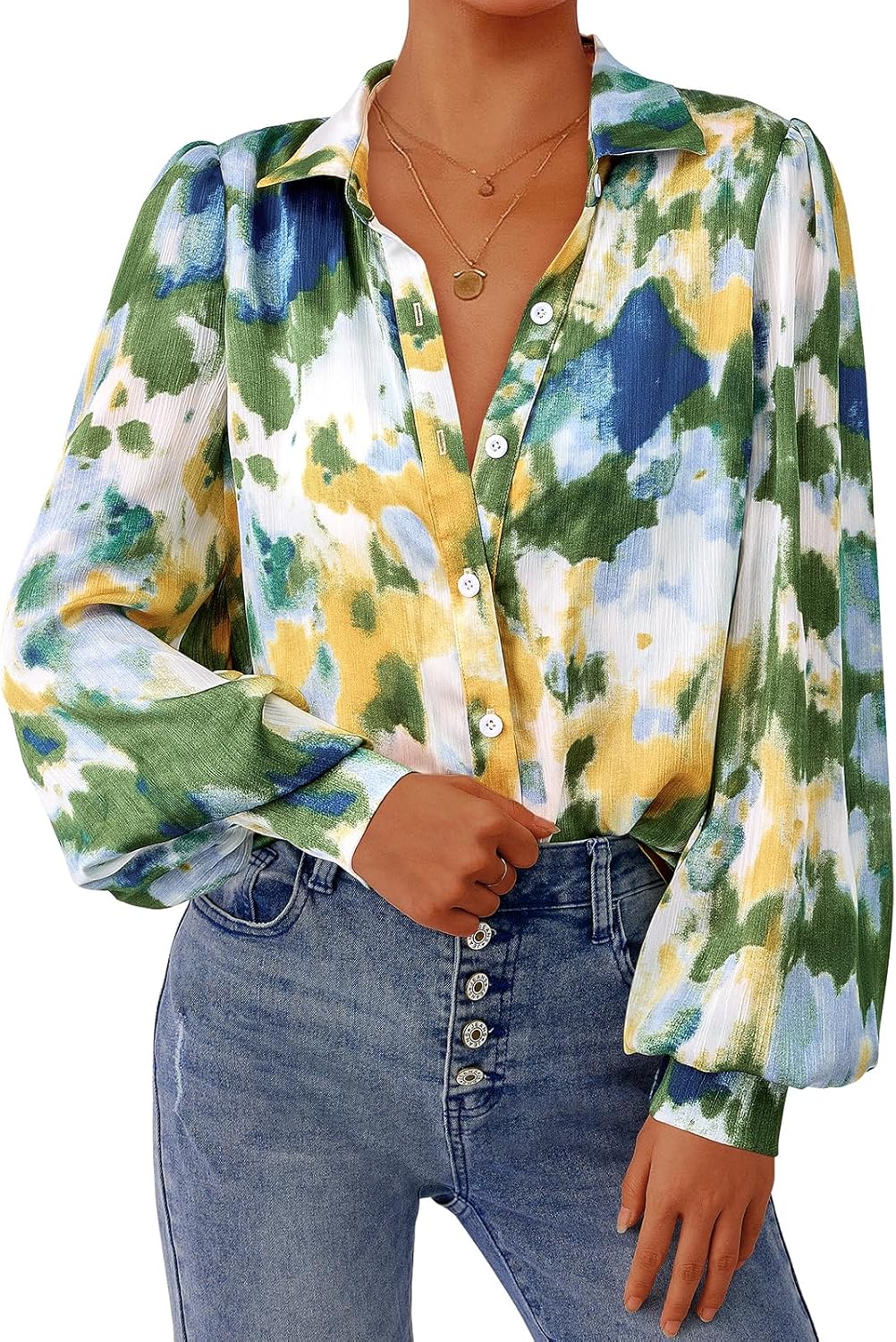 81CZRpLi8yL._AC_SL1500_.jpg Women's Floral Blouses Dressy Casual V Neck Button Down Shirts Lantern Long Sleeve Boho Chiffon Spring Tops 2026 - Image 1