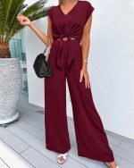 Women's Summer 2 Piece Outfits 2026 Cap Sleeve V Neck Belted Crop Tops Wide Leg Pant Sets Casual Tracksuit - Image 2