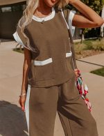Women's 2 Piece Color Block Summer Lounge Set Outfit Short Sleeve Pullover Tops Wide Leg Long Pants Tracksuit - Image 2