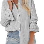 Oversize Striped Button Down Shirts Women Smocked Boyfriend Long Sleeve Blouse Ruffle Casual Tops with Pocket