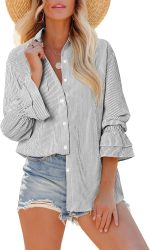 Oversize Striped Button Down Shirts Women Smocked Boyfriend Long Sleeve Blouse Ruffle Casual Tops with Pocket