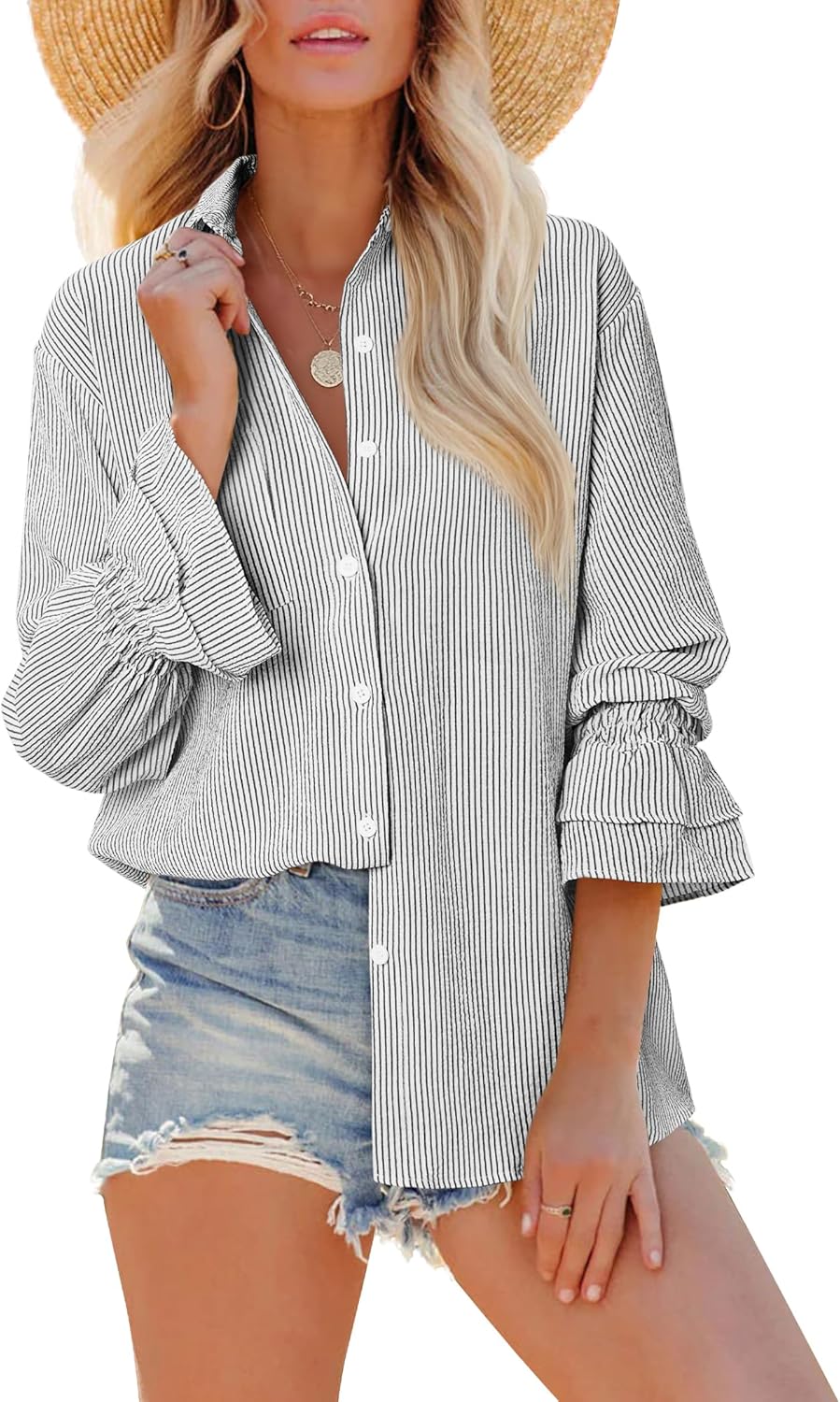 81N1sADIIFL._AC_SL1500_.jpg Oversize Striped Button Down Shirts Women Smocked Boyfriend Long Sleeve Blouse Ruffle Casual Tops with Pocket - Image 1