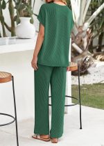 2 Piece Sets for Women Dressy Casual Ribbed Knit Short Sleeve Tops Wide Leg Pants Lounge Set Travel Airport Outfits - Image 2