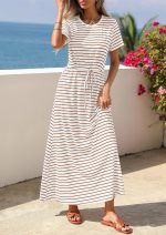 Women's Summer Maxi Dresses 2026 Casual Short Sleeve Striped Drawstring Waist Loose Fit T Shirts Dress Beach Outfits - Image 2