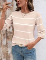 Womens Sweaters Casual 2026 Crew Neck Striped 3/4 Sleeve Lightweight Knit Trendy Pullover Sweater Tops - Image 2