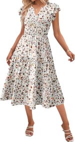 Womens Summer Casual Dresses Ruffle Sleeve V Neck Midi Dress Flowy Tiered Dress with Pockets Boho Sundresses