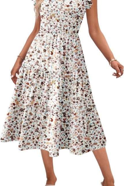 Womens Summer Casual Dresses Ruffle Sleeve V Neck Midi Dress Flowy Tiered Dress with Pockets Boho Sundresses