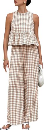 Women's 2 Piece Set Outfits Gingham Plaid Tank Tops Wide Leg Pants Matching Lounge Sets