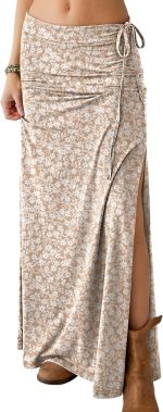 Womens Maxi Skirts High Waisted 2026 Summer Boho Floral Beach Flowy Side Slit Long Skirt with Adjustable Drawstring