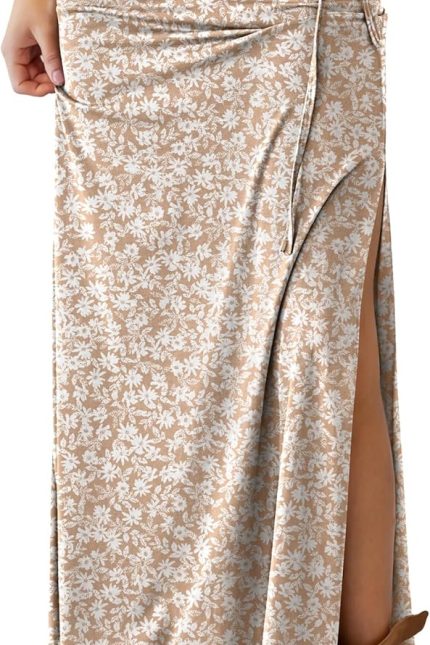 Womens Maxi Skirts High Waisted 2026 Summer Boho Floral Beach Flowy Side Slit Long Skirt with Adjustable Drawstring