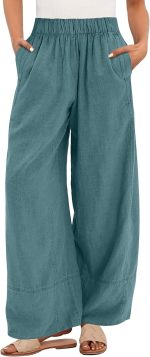 Women's Wide Leg Linen Pants Summer Boho Casual Elastic Waist Long Lounge Travel Pants Trousers with Pockets