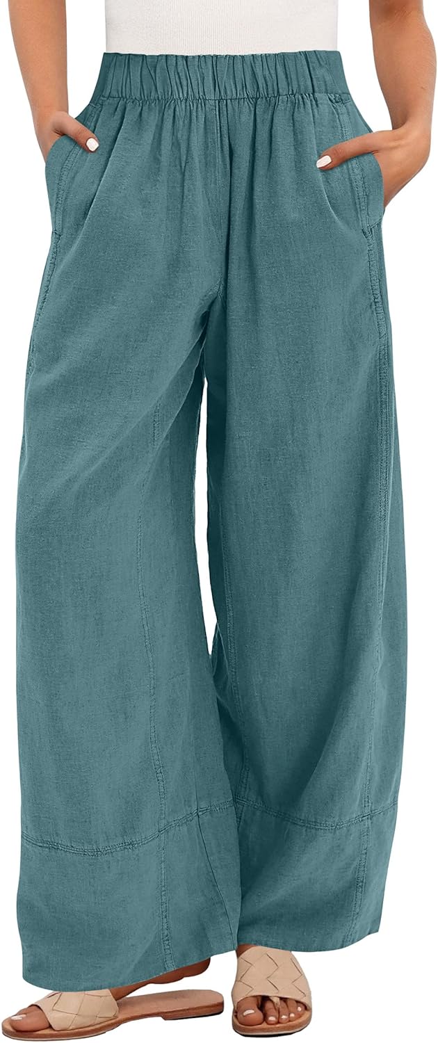 81pgBJO83fL._AC_SL1500_.jpg Women's Wide Leg Linen Pants Summer Boho Casual Elastic Waist Long Lounge Travel Pants Trousers with Pockets - Image 1