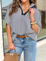 Womens Short Dolman Sleeve Tops Striped V Neck Summer Casual Loose Fit Blouses Business Tee Shirts Dressy - Image 2