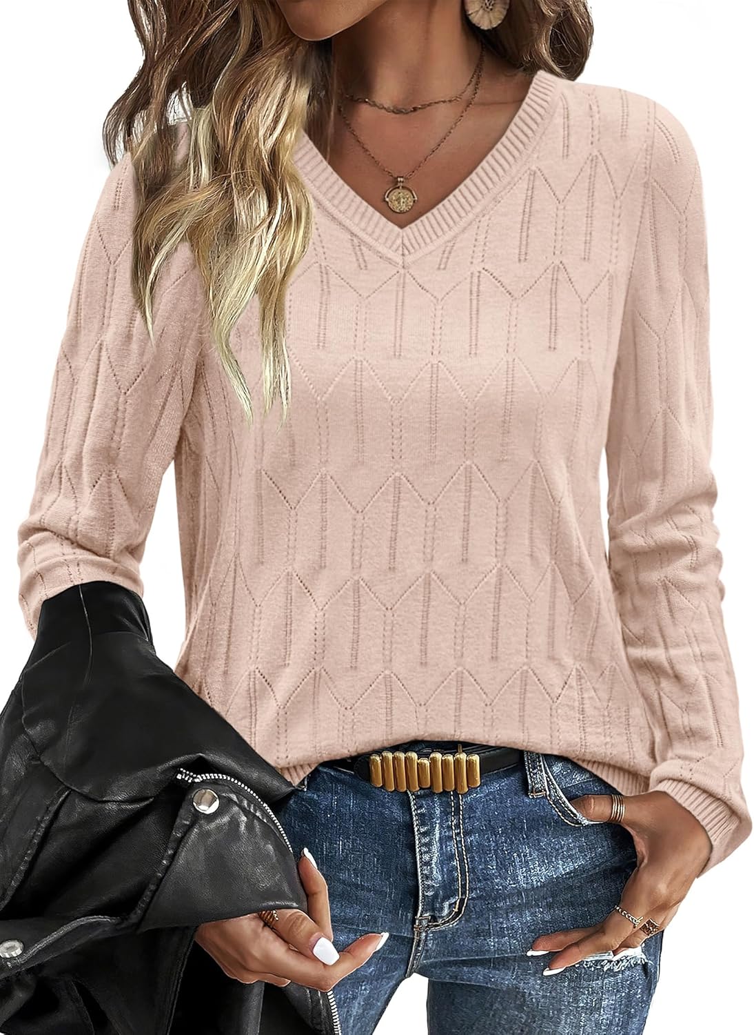 81tC1UiWdXL._AC_SL1500_.jpg Womens Sweaters Long Sleeve Shirts Outfits 2026 V Neck Soft Knit Pullover Trendy Tops Dressy Casual Blouses - Image 1