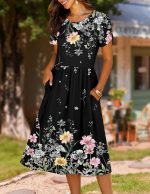Women's Summer A-Line Midi Dresses 2026 Casual Floral Short Sleeve T-Shirt Dress Flowy Beach Sundress with Pockets - Image 2