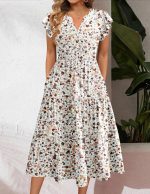 Womens Summer Casual Dresses Ruffle Sleeve V Neck Midi Dress Flowy Tiered Dress with Pockets Boho Sundresses - Image 2