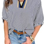 Womens Short Dolman Sleeve Tops Striped V Neck Summer Casual Loose Fit Blouses Business Tee Shirts Dressy