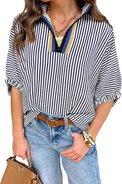 Womens Short Dolman Sleeve Tops Striped V Neck Summer Casual Loose Fit Blouses Business Tee Shirts Dressy