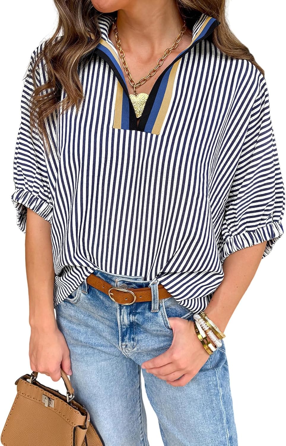 81xZEgbBzzL._AC_SL1500_.jpg Womens Short Dolman Sleeve Tops Striped V Neck Summer Casual Loose Fit Blouses Business Tee Shirts Dressy - Image 1