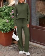 Women Spring 2 Piece Outfits High Neck Sweater Sets Drawstring Wide Leg Pant Chunky Knit Lounge Set - Image 2
