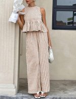 Women's 2 Piece Set Outfits Gingham Plaid Tank Tops Wide Leg Pants Matching Lounge Sets - Image 2