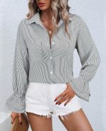 Oversize Striped Button Down Shirts Women Smocked Boyfriend Long Sleeve Blouse Ruffle Casual Tops with Pocket - Image 2