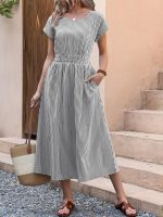 Womens Summer Midi Dress Striped Casual Short Sleeve Crewneck Empire Waist 2026 Flowy Long Beach Dress with Pockets - Image 2